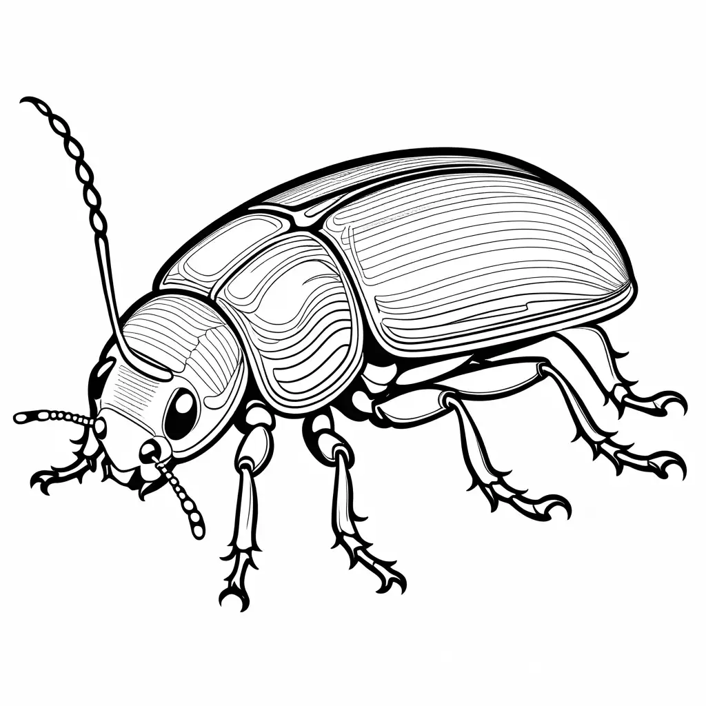 Beetle , Coloring Page, black and white, line art, white background, Simplicity, Ample White Space. The background of the coloring page is plain white to make it easy for young children to color within the lines. The outlines of all the subjects are easy to distinguish, making it simple for kids to color without too much difficulty