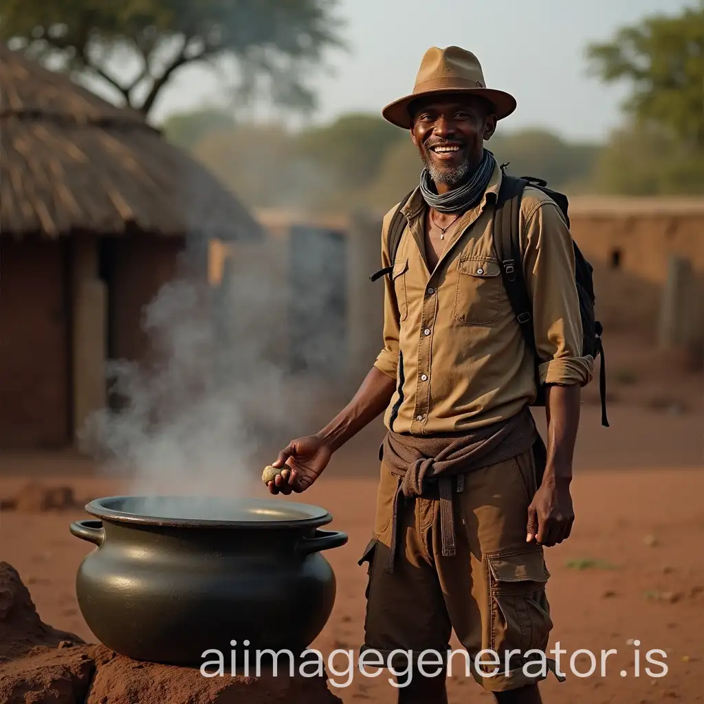 Smiling-European-Traveler-Cooking-in-African-Village-with-Large-Pebble