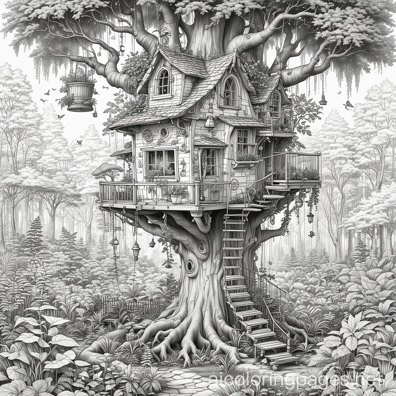 Whimsical-Treehouse-in-an-Enchanted-Forest-Coloring-Page