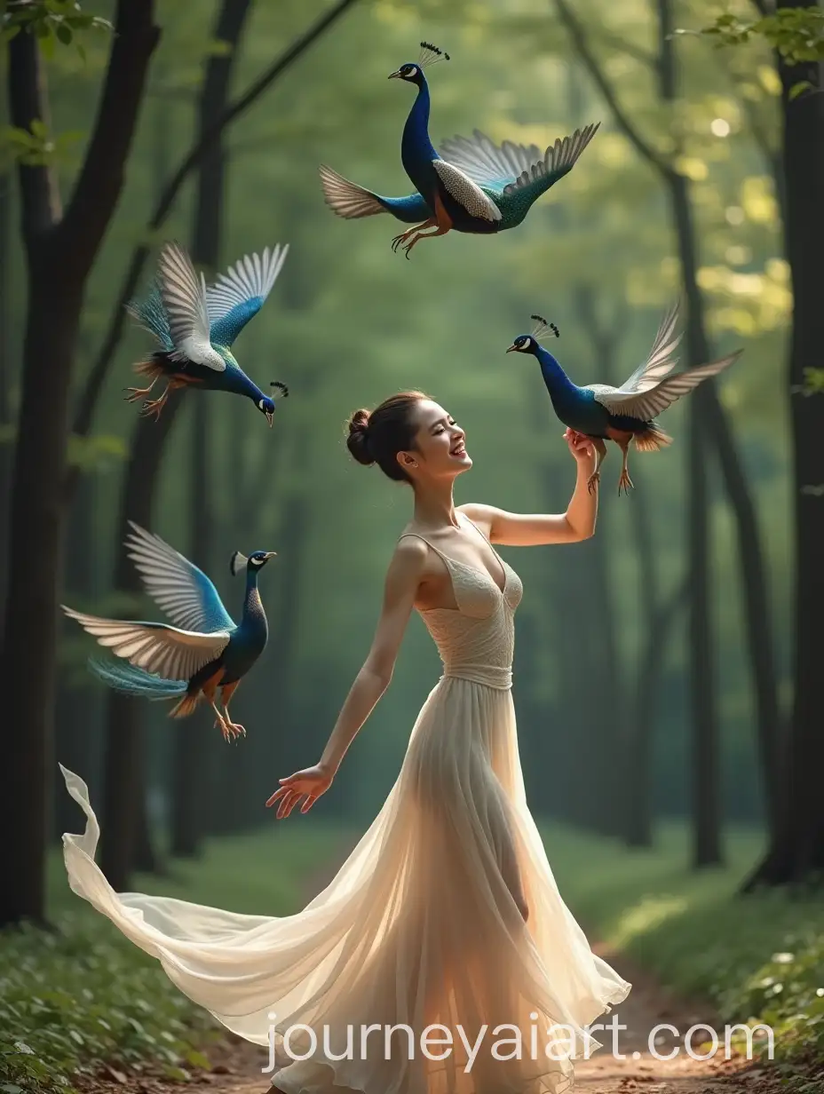 Graceful-Chinese-Woman-Dancing-with-Flying-Peacocks-in-Forest