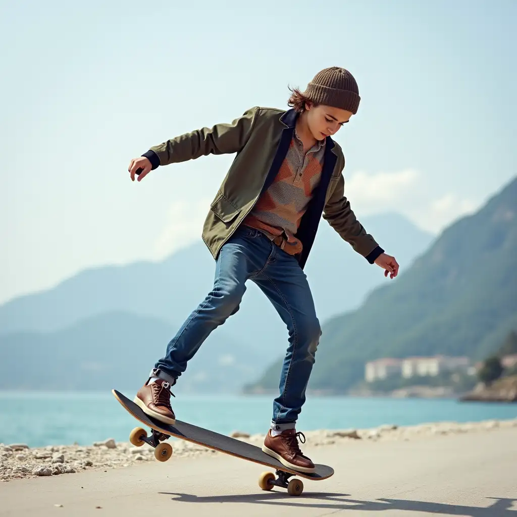 fashionably dressed young man on a skateboard doing a trick, with mountains and sea in the background