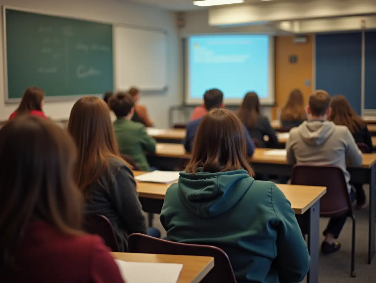 Scene of students sitting and listening to the teacher lecture