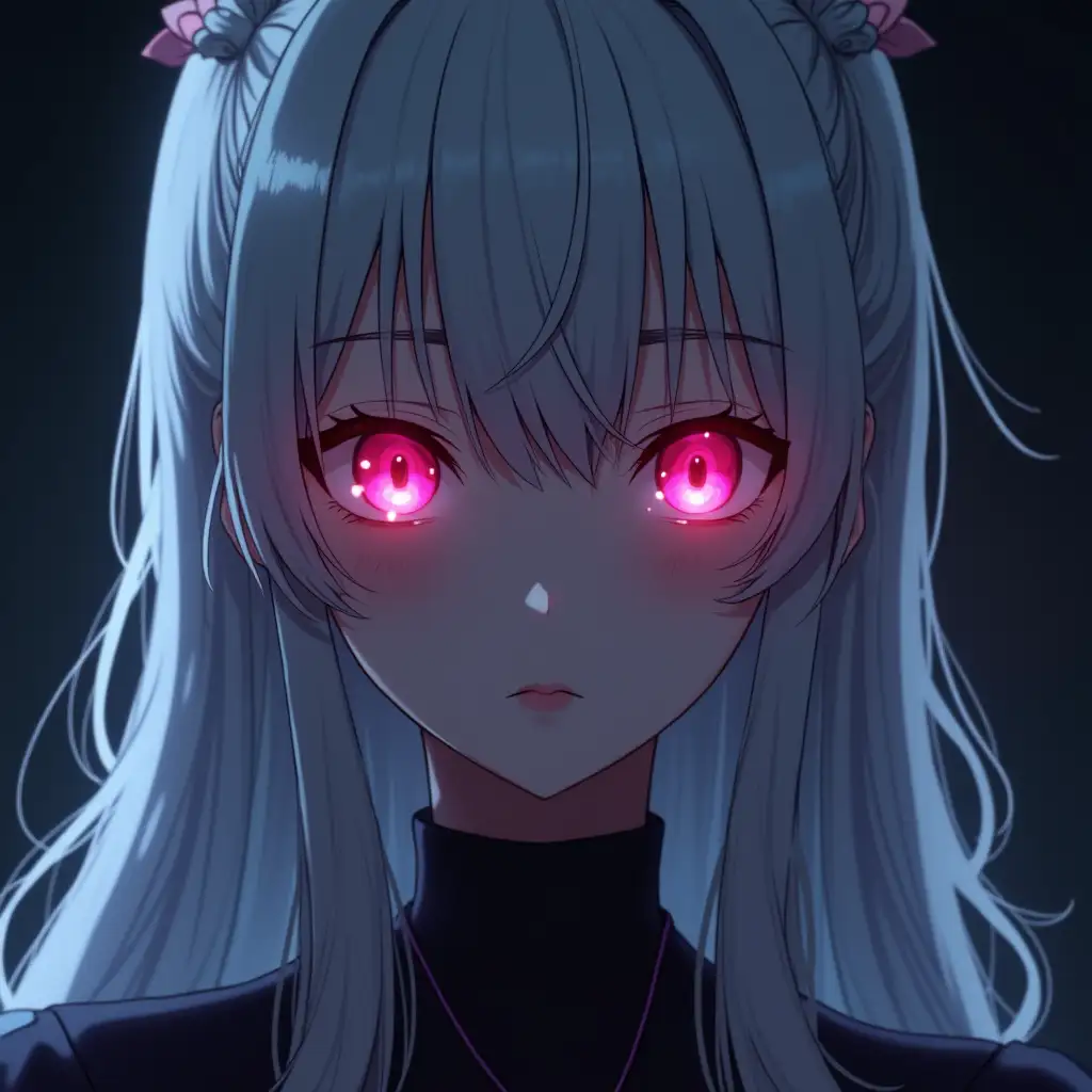 A cute woman, detailed lighting pink eyes, long hair, white lighting hair, (dark rooms), [cinematic, epic realistic, extra detailed | anime], uhd, 8k