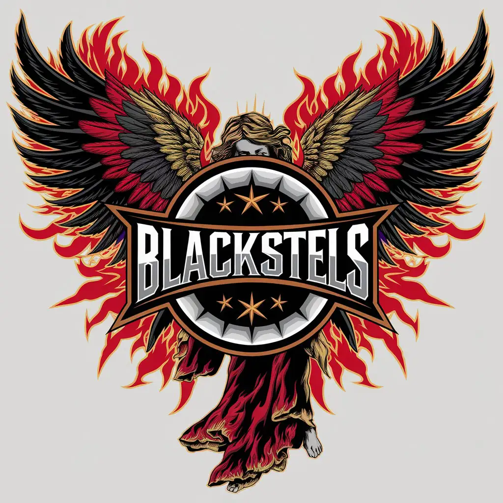 LOGO Design for BLACKSTELS Black and Red Angel with Wings in a Fiery Circle