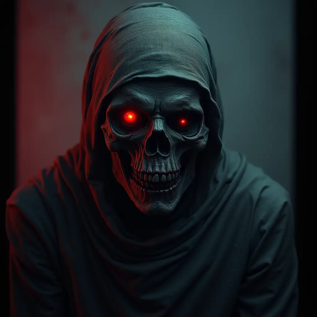 I want a horror image. a zombie, mummy kind of creature with black skin, that is crying for help. No blood or gore. In a dark but colorful background