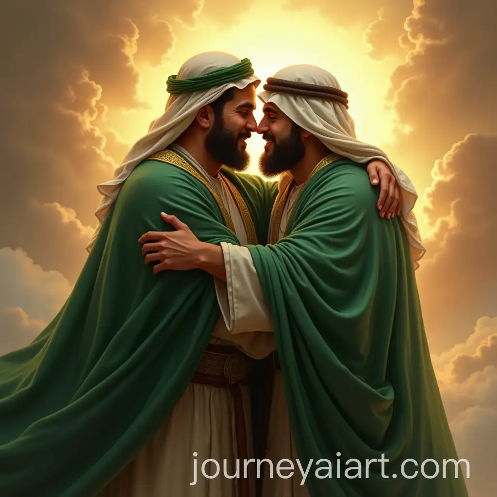 Two-Arab-Muslim-Men-Embracing-in-Heaven-Wearing-Green-Cloak-and-Shawl