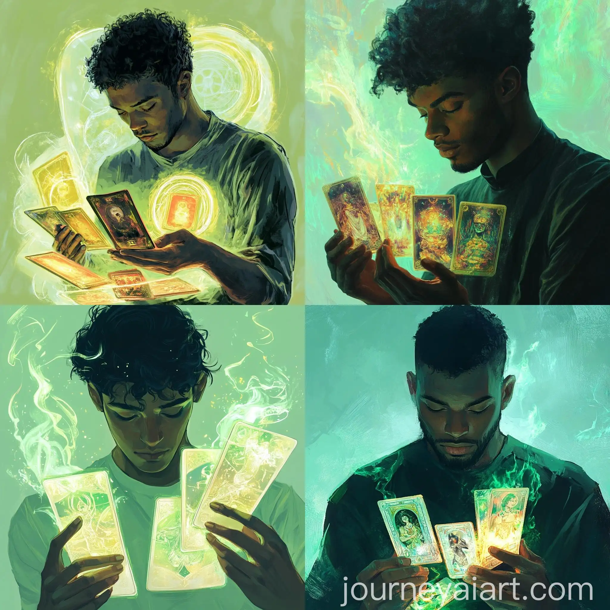 Swarthy-Man-Reading-Tarot-and-Oracle-Cards-on-Bright-Green-Background
