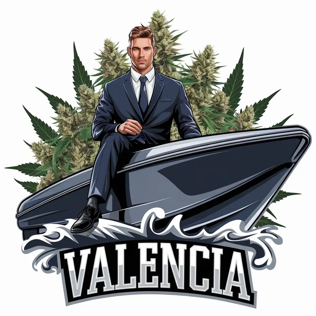 a vector logo design,with the text "valencia", main symbol:handsome and attractive guy dressed in a good suit and tie sitting on a big and modern motorboat surrounded by a lot of marijuana,complex,clear background