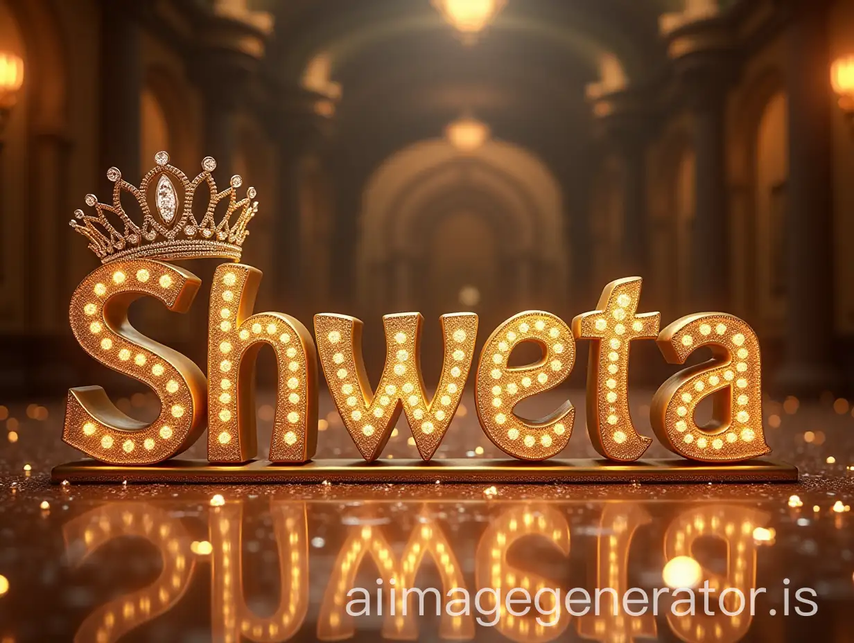 The name “Shweta” in 3D gold letters, adorned with diamonds and a tiara, surrounded by sparkles and a royal palace background.