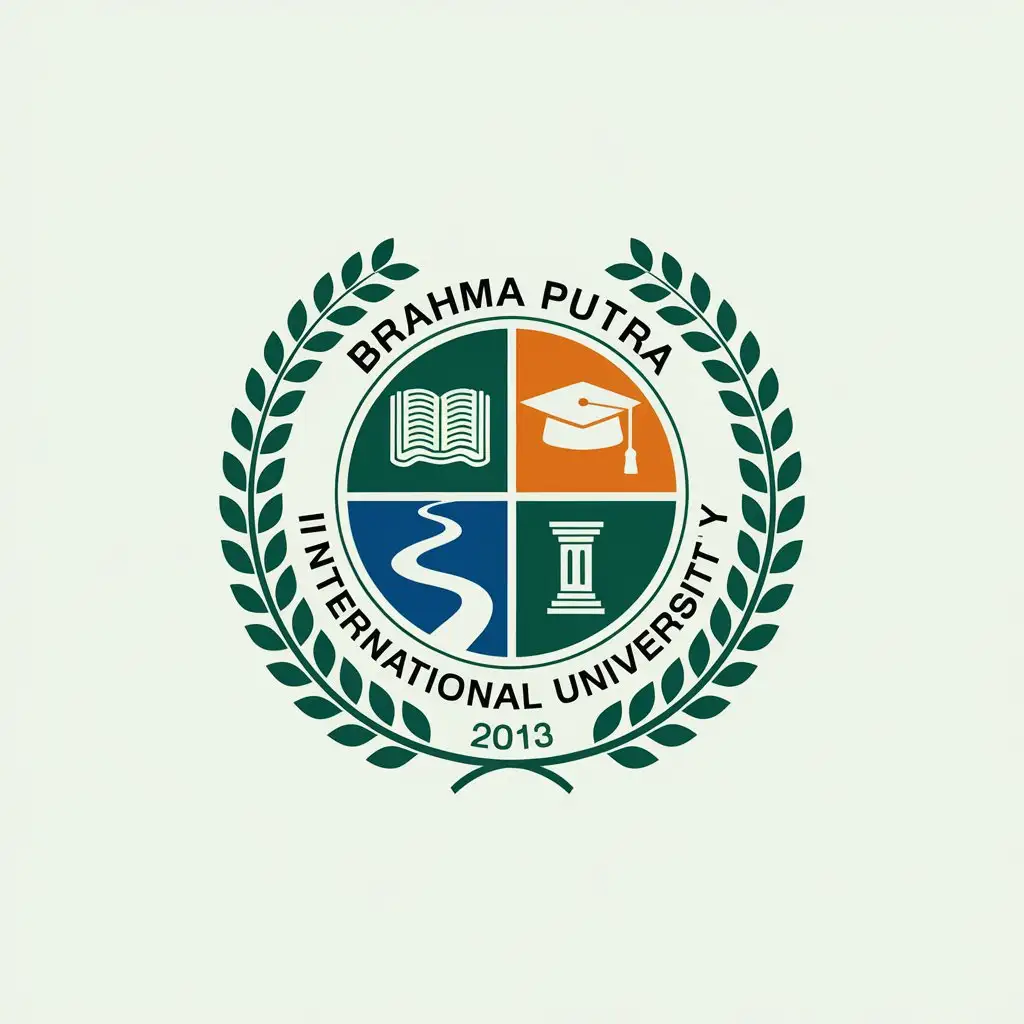 LOGO Design for Brahma Putra International University Circular Emblem with Book Graduation Cap River and Pillar