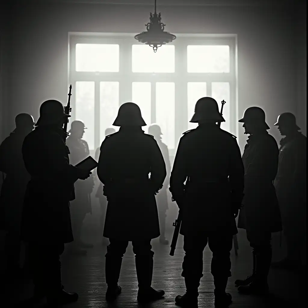 Silhouette, occult, camera obscura, CCTV, arafed, grainy monochrome, damaged film, a group of anabaptist soldiers standing next to each other, in a meeting room, announcement of a new megaweapon, tools of psychic genocide, gritty image, thertrevkaiser, Holy Roman Empire dictatorship, archilect, studying in a brightly lit room, silhouette, as photograph, left, schutztruppe, schutzstaffel, vienna secesion style, Protestant Reformation, protestant composition, berlin secession, german military, several soldiers, totalitarian setting, dystopian reichstag germany, anabaptist scenery, anabaptist themes, a shadowy and ominous cultural megastructure in background, militant anabaptism