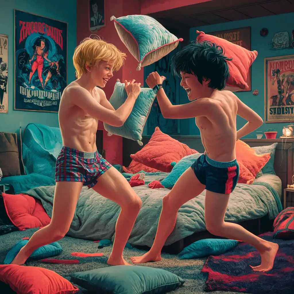 Teen Boys Having Fun Pillow Fighting in Bedroom