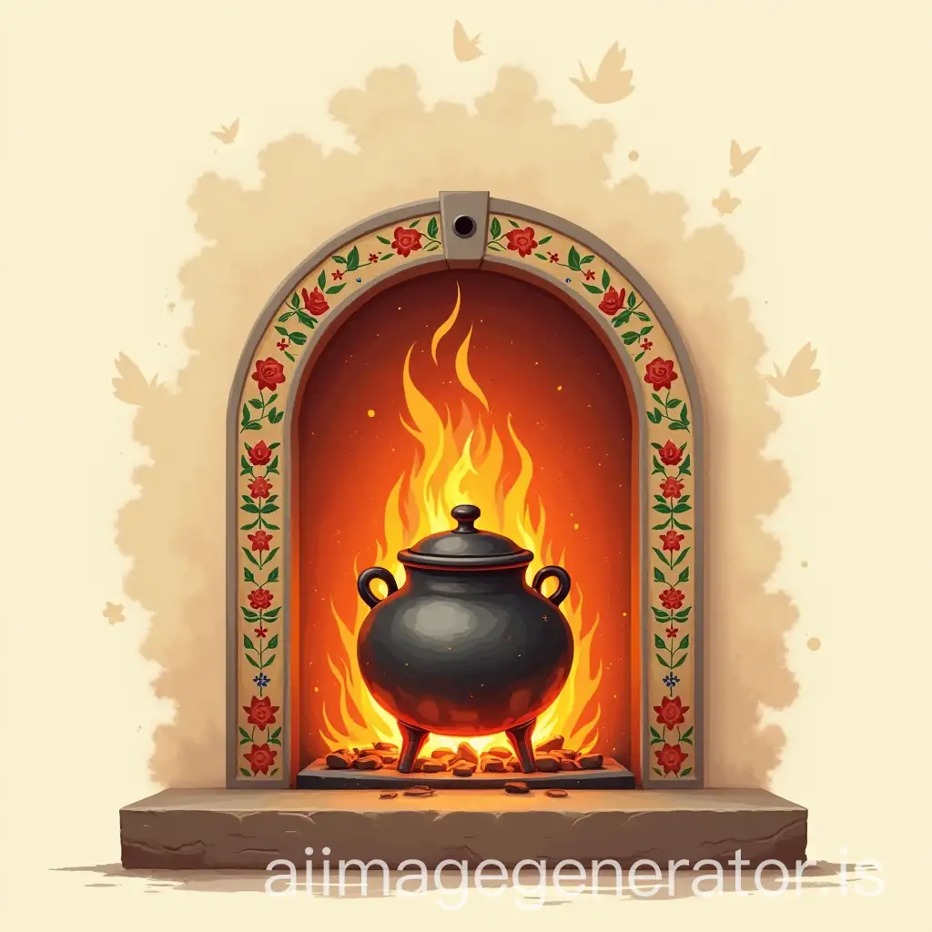 Ukrainian-Stove-with-Petrykivka-Painting-and-Pot-on-Fire