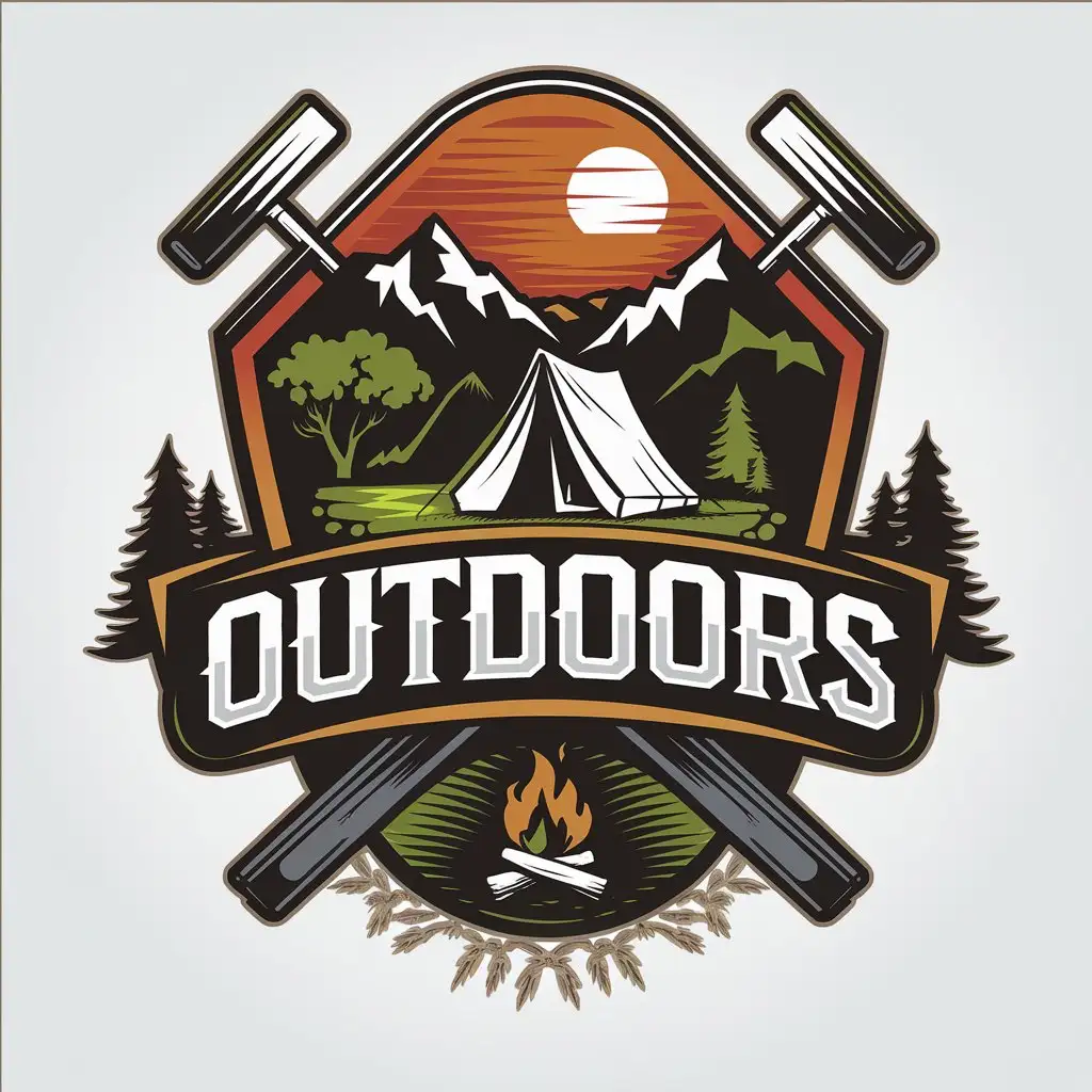 a vector logo design,with the text "OUTDOORS", main symbol:Tents, bonfires, distant mountains, sunsets, nature, picture, Moderate, be used in Outdoor sports, clear background,complex,be used in Sports Fitness industry,clear background