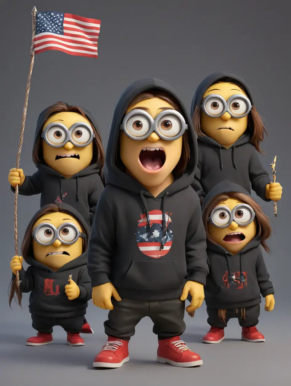 Three minions celebrating new year. The first minion in a black hoodie with the American flag and black, long hair, the second minion with a triangular head and short brown hair, the third minion is red and shows heels.