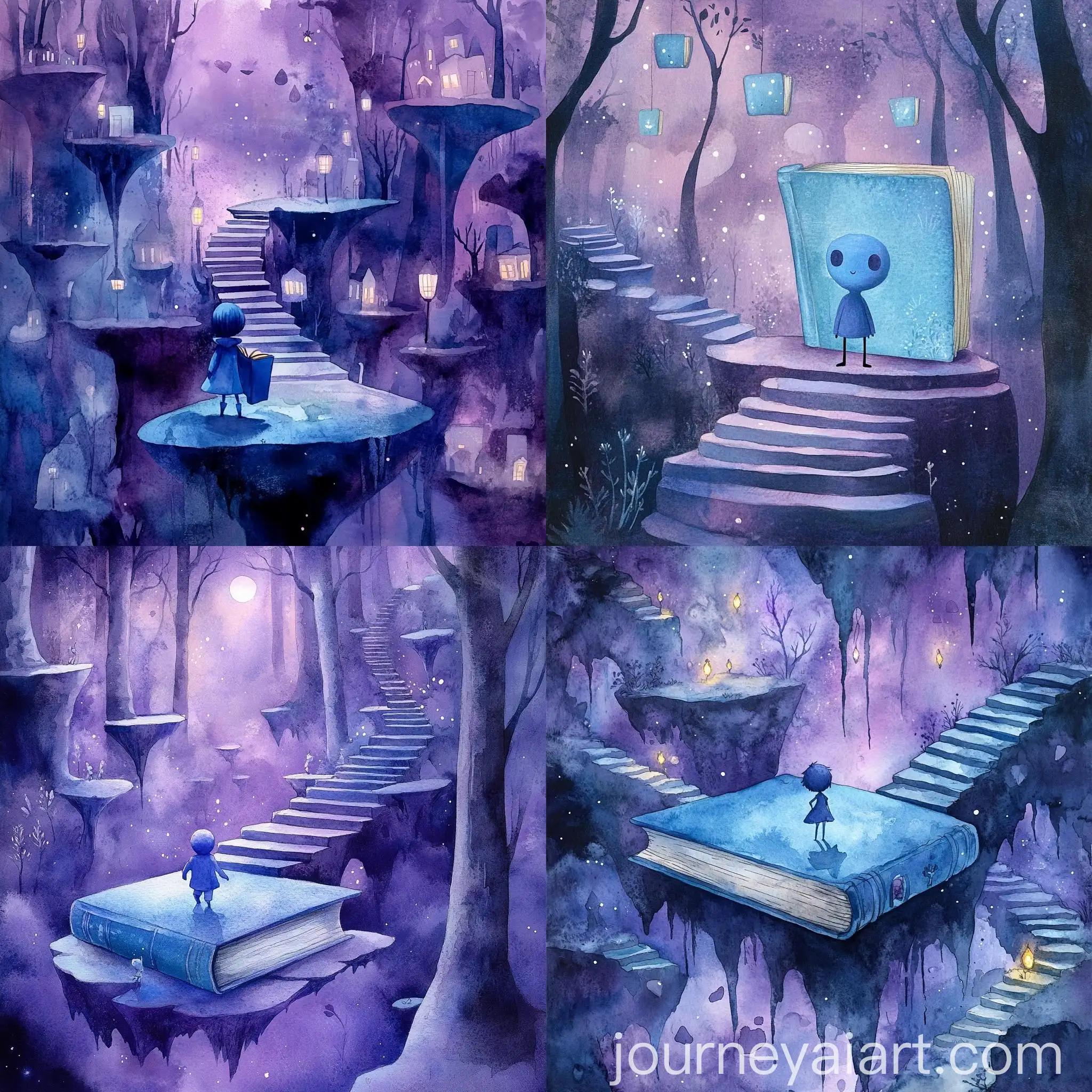 Animated-Blue-Adventurer-Book-Character-Walking-in-Magical-Purple-Forest