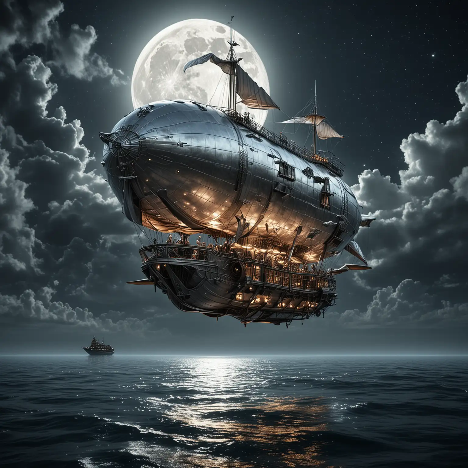 A sleek, fairy-tale silver airship with an open upper deck flies over the sea at night. The full moon shines in the sky. There is a large glass window in the bow.