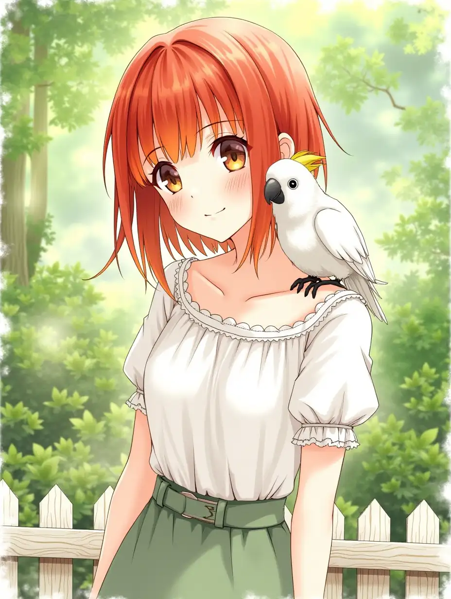 Redhead girl, anime style picture, watercolor painting graphic, model posing, a white parrot sitting on her shoulder, blouse with lace, skirt, green garden background