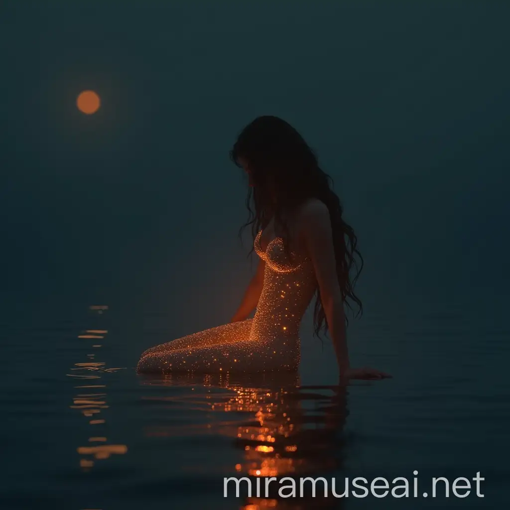 Stunning Mermaid in Midnight Ocean with Digital Light Dress