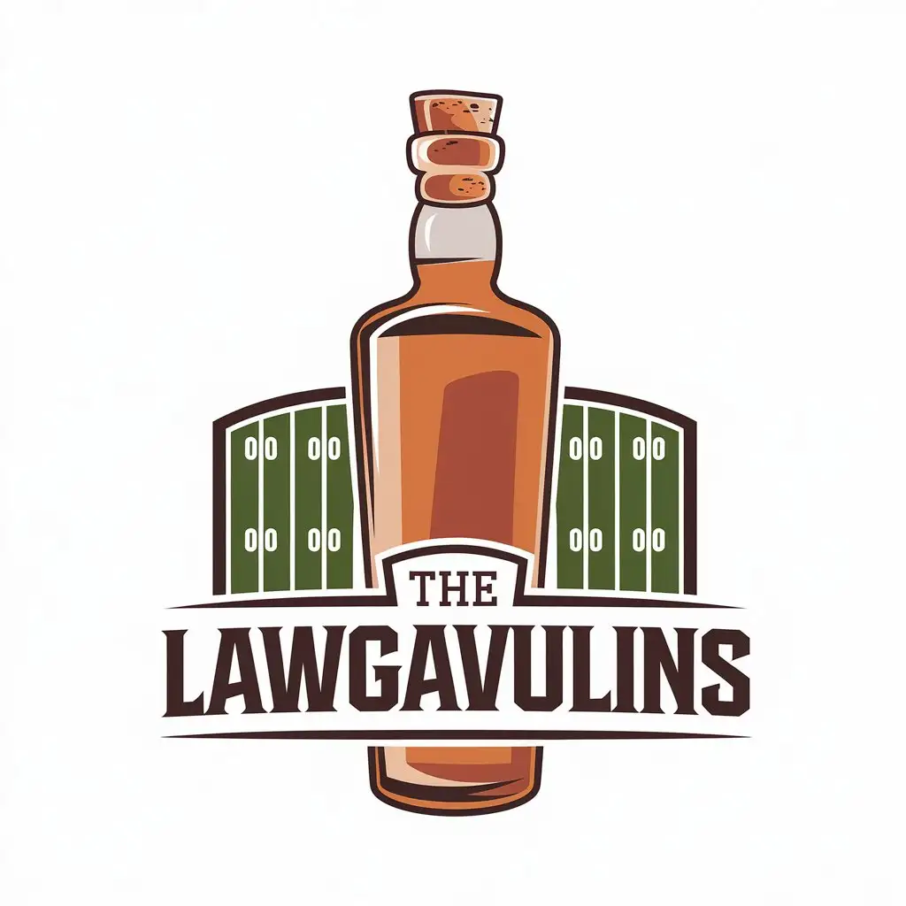 LOGO Design for The Lawgavulins Tall Whiskey Bottle with Football Field Background