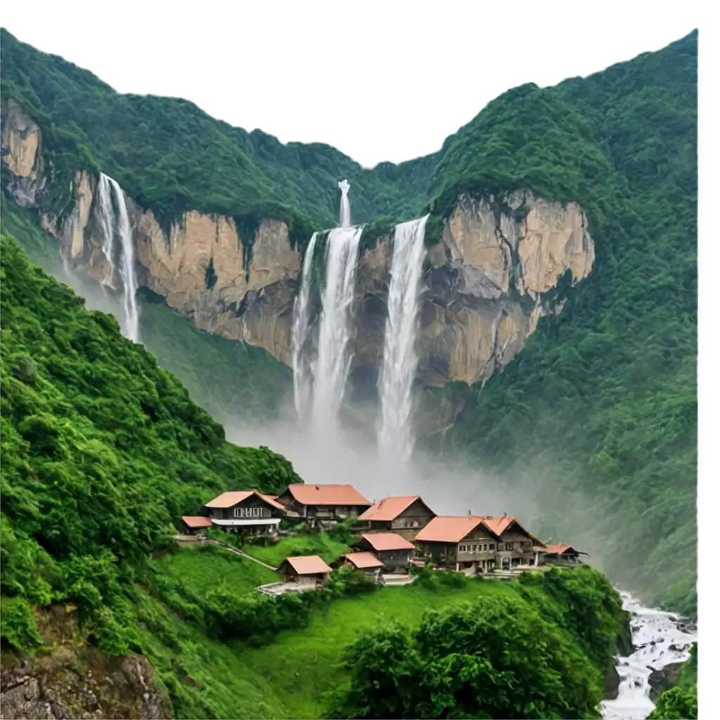 Village-in-Mountain-with-Waterfall-PNG-Image-Perfect-for-HighQuality-Transparent-Background-Visuals