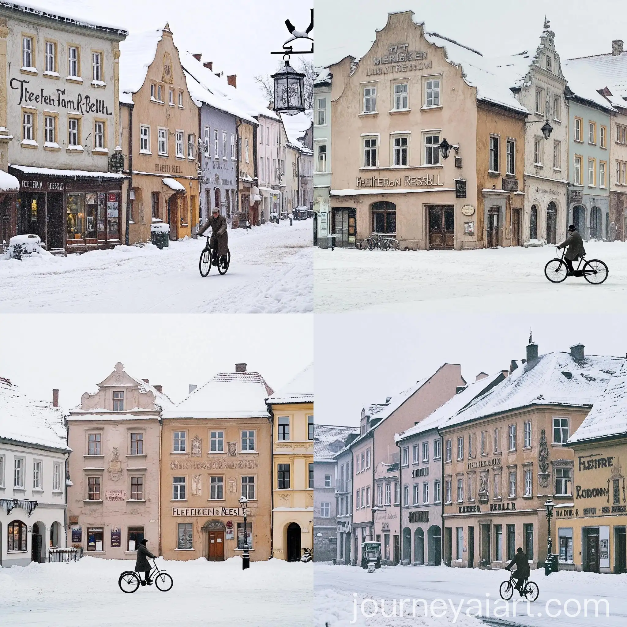 Historic-Market-Square-in-Mirsk-with-Cyclist-in-Winter