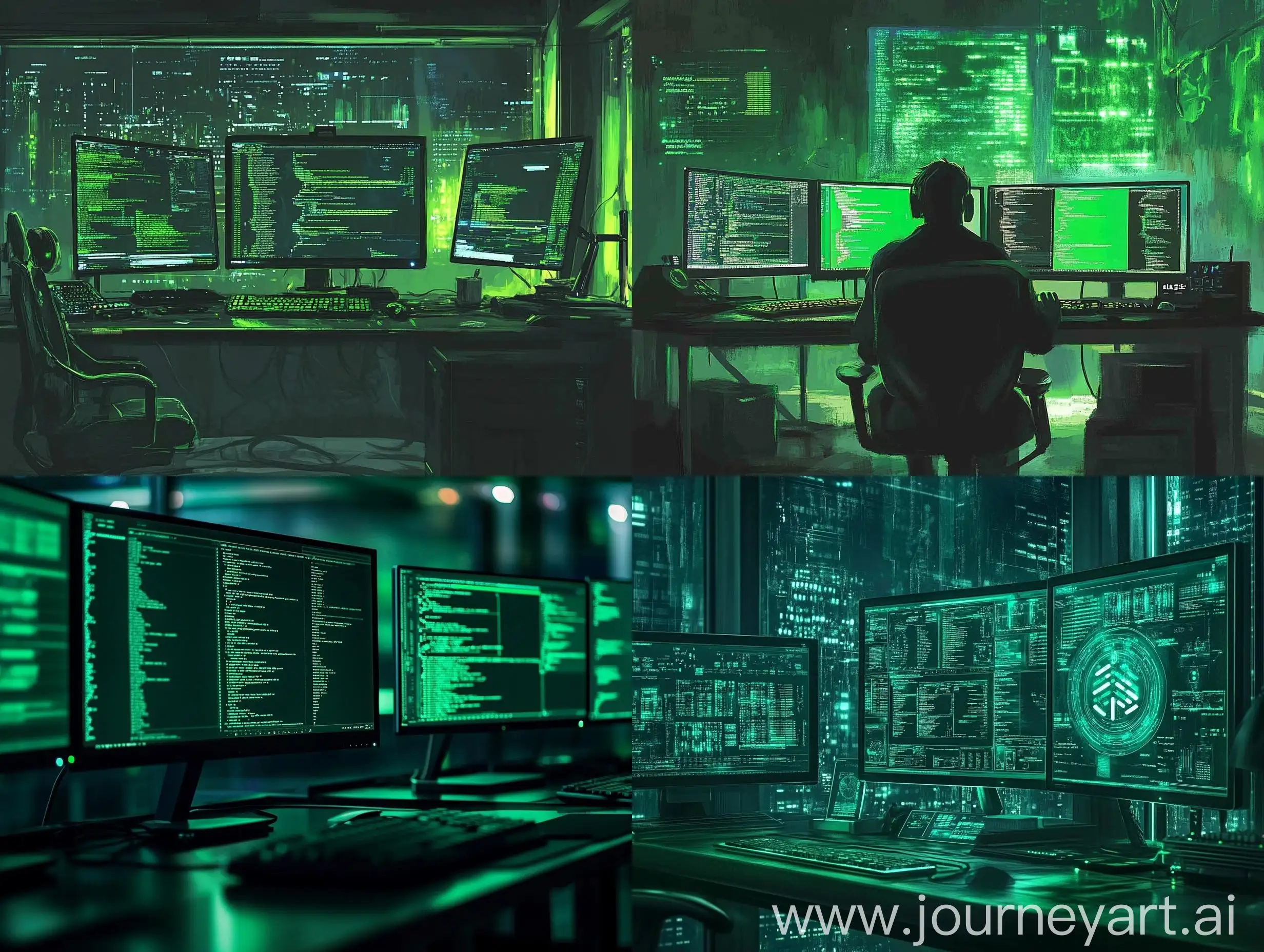 Hacker-Working-on-Multiple-Monitors-with-Green-Tone-Background