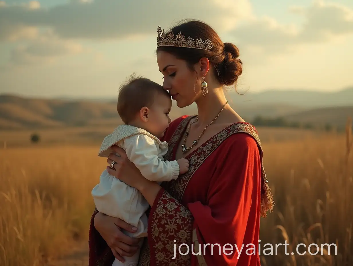 Bulgarian-Queen-Cradling-a-Baby-Boy-Against-a-Majestic-Kingdom-Background
