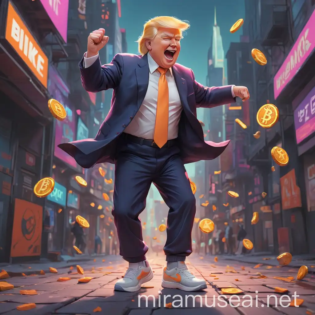 Dancing Donald Trump with Bitcoin in a Neon City