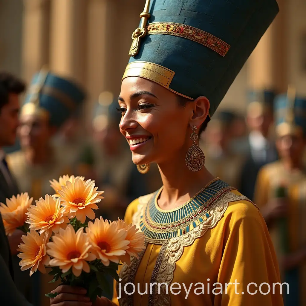 Beautiful-Young-Smiling-Nefertiti-Receiving-Flowers-from-Her-Fans