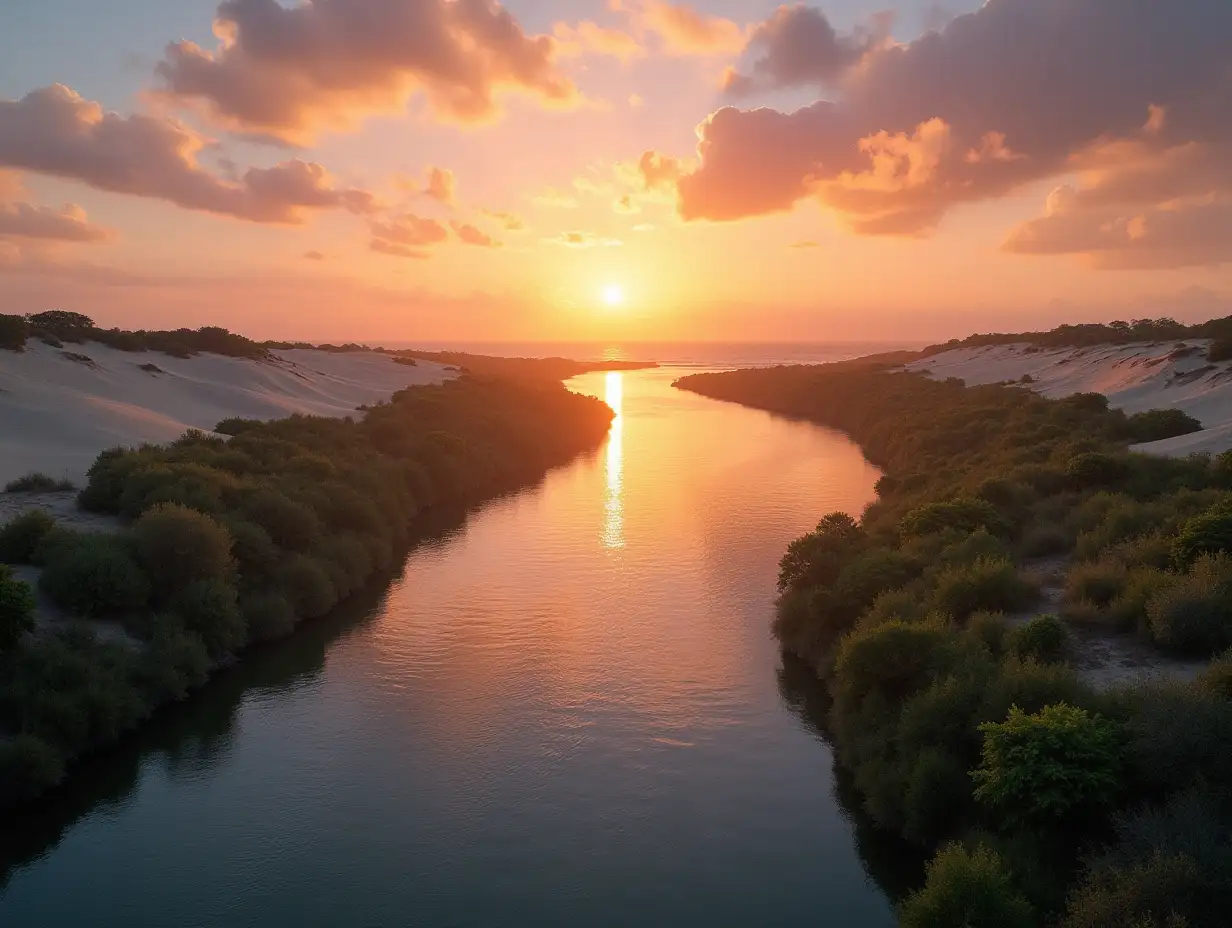 A hyperrealistic image of the Río Pas estuary near Liencres at sunset. The calm river waters meet the sea, surrounded by sand dunes and lush greenery. The image captures the serene beauty of this natural landscape, with the sky painted in warm hues of orange and pink