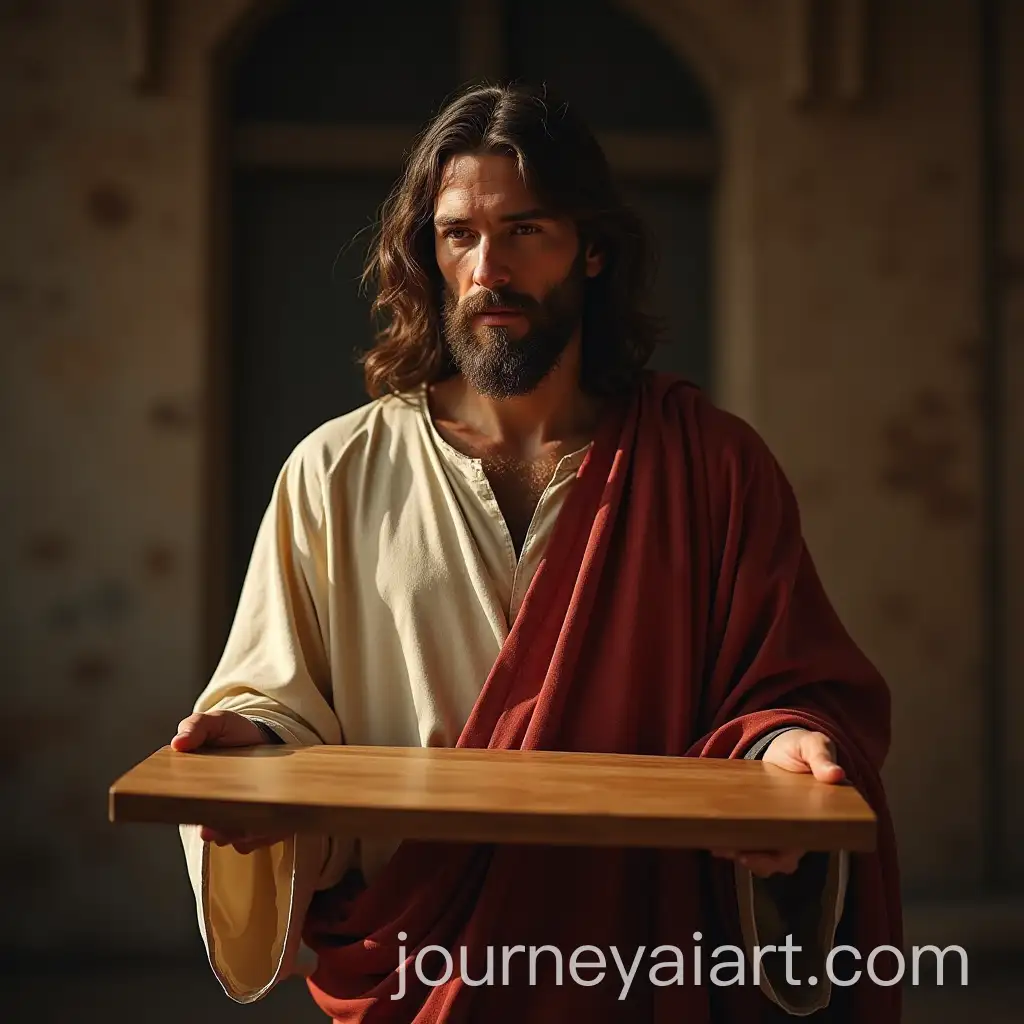 Jesus-Holding-a-Beautiful-Wooden-Board-in-Surreal-Indoor-Setting