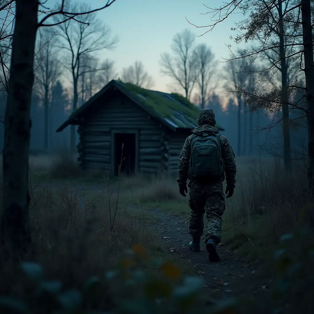 Evening, twilight. A man in camouflage, with a backpack, sneaking up to an abandoned, overgrown with bushes hut in the forest. Russian lubok style.