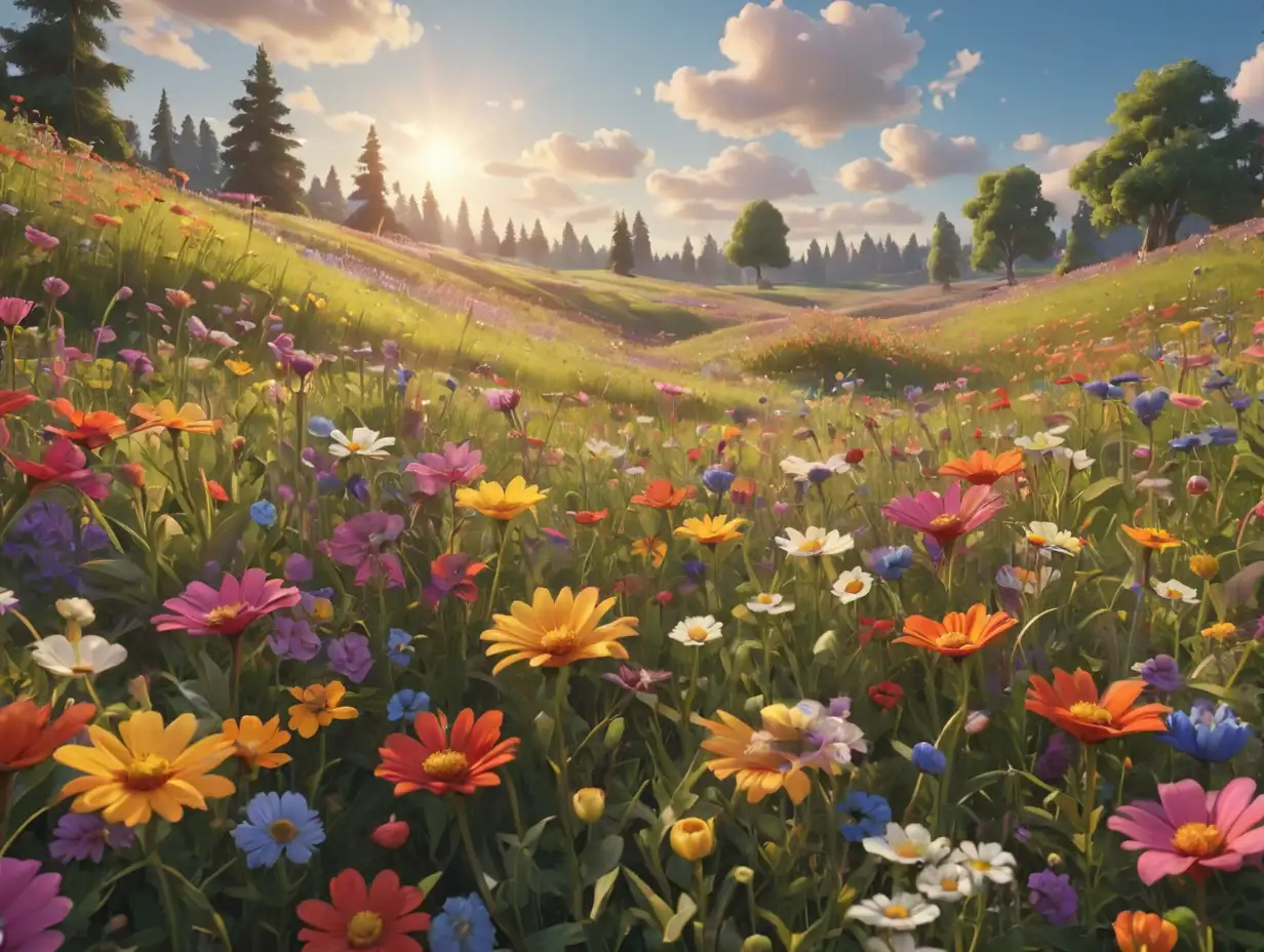 Wide-angle view of a beautiful meadow with vibrant, multicolored flowers, 3d disney inspire