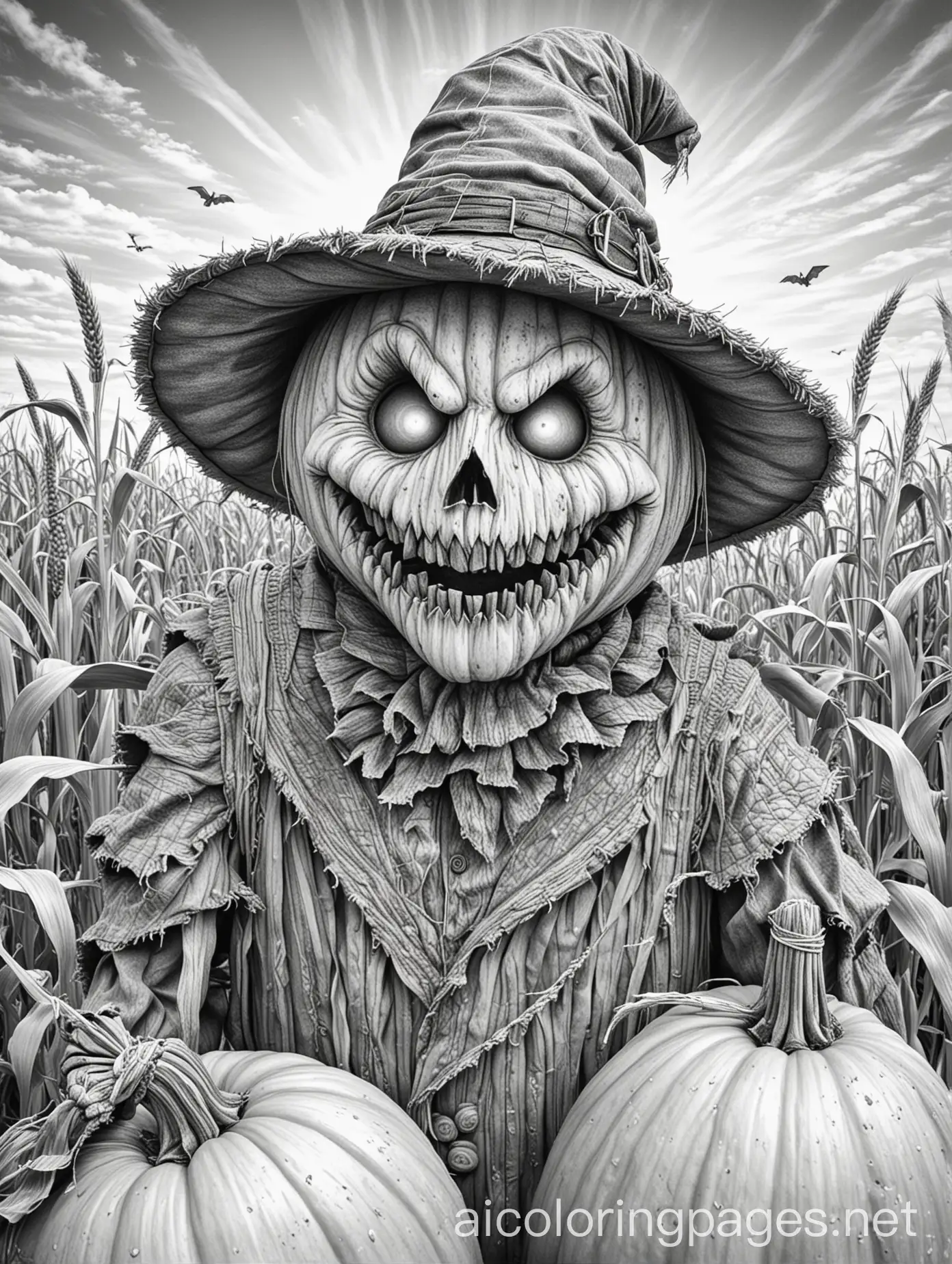 Detailed-Scary-Pumpkin-Headed-Scarecrow-in-Cornfield-Coloring-Page