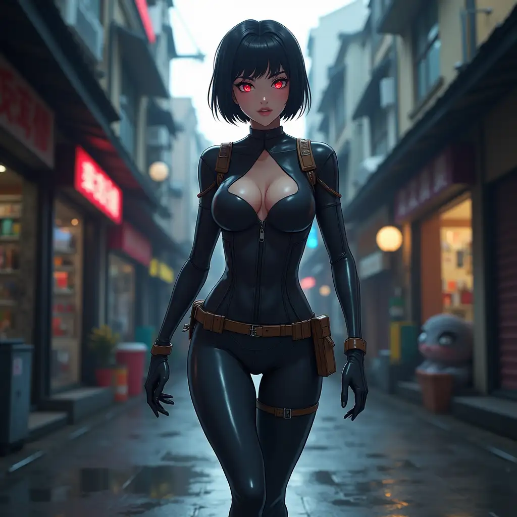 Short hair, mature Asian woman thief cyber runner in a dynamic full-length pose, eyes with red electronic pupils, large breast, extreme skintight body glove zipped down with cleavage, combat boots and combat belt. Full view of her body from boots up, low wide angle. Future store filled city alley street. Anime