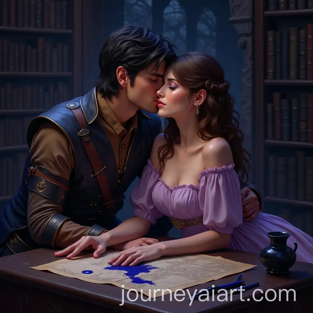 Romantic-Fantasy-Couple-Kissing-in-Nighttime-Library