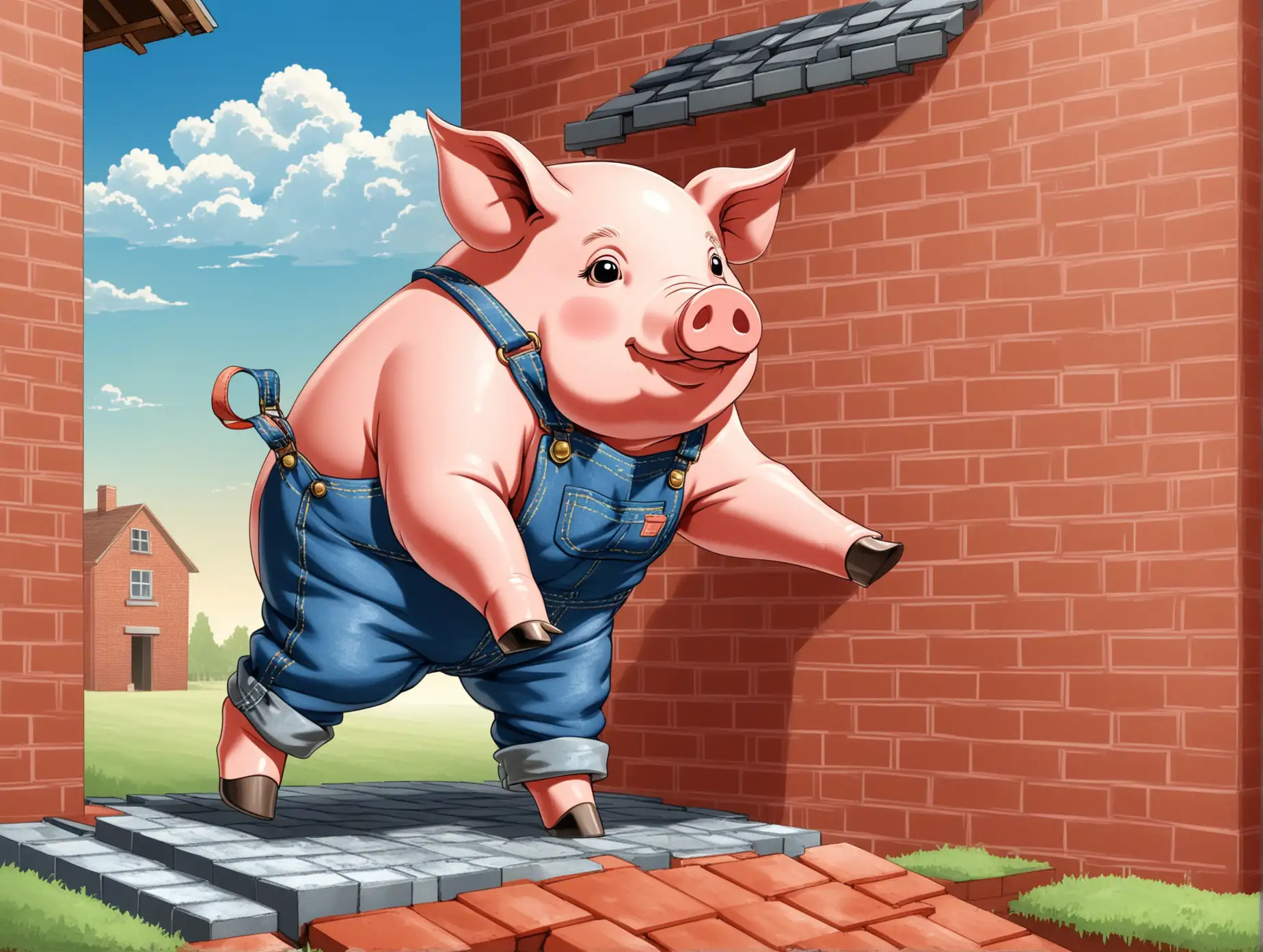 Pig Building Brick House in Overalls