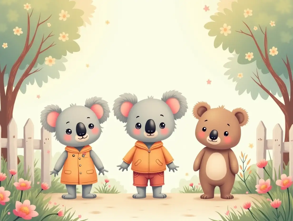 A whimsical and charming illustration in a soft pastel palette, inspired by storybook art, featuring two koalas and 1 bear standing in a cozy jungle ambient with flowers and trees. They are evenly spaced, not touching, and wearing vintage-style outfits. Each child has distinct features and expressions, with a warm and dreamy atmosphere. The background includes a white picket fence, blooming flowers, and soft lighting, creating a harmonious and serene scene. High-quality illustration with intricate details.