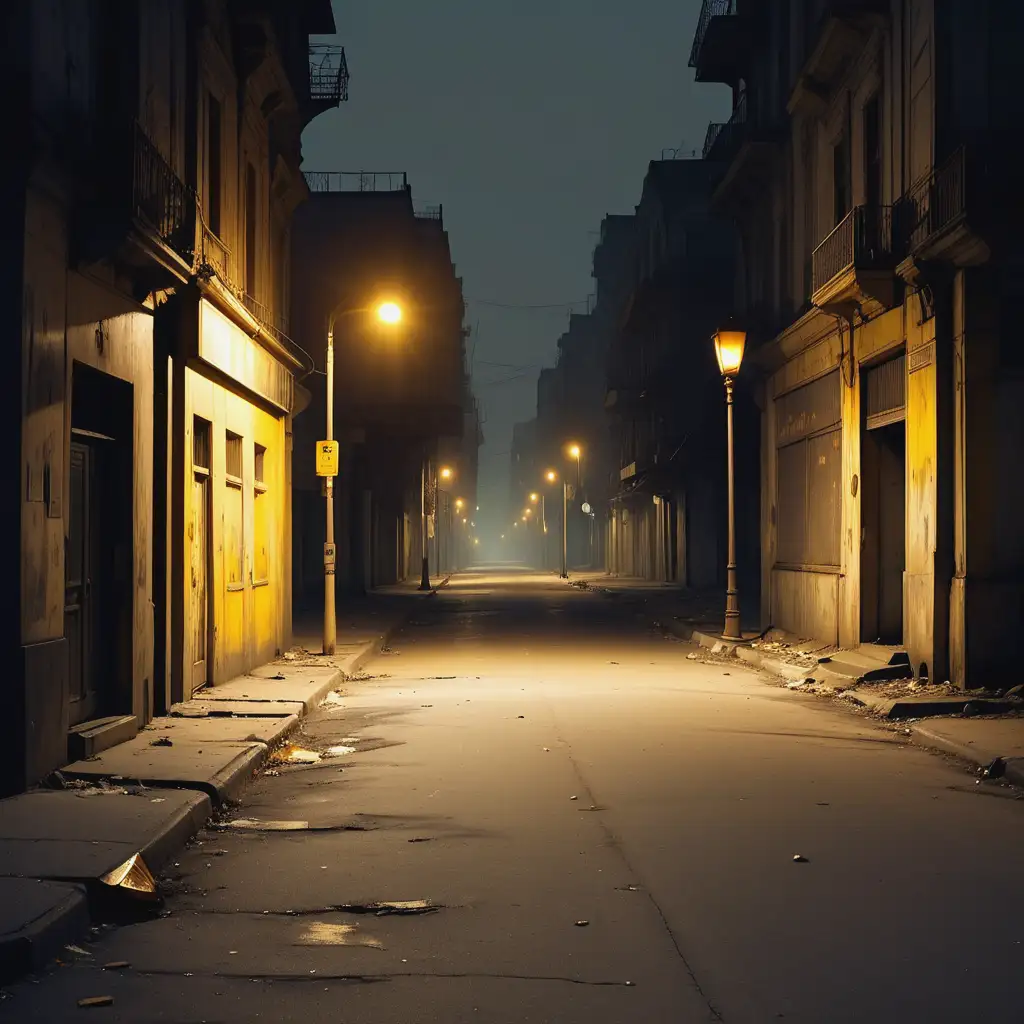 An empty city road at night, with dim, yellowish streetlights casting a soft glow over an old, deserted street. Along the side of the road is an elevated pavement path, worn and cracked, with scattered litter. A rusted dustbin sits near the wall of an old building, its facade weathered and crumbling, adding to the feeling of neglect. The yellowish streetlights create long shadows, emphasizing the melancholy. The sky is dark and hazy, deepening the quiet, sad atmosphere of a city forgotten in time