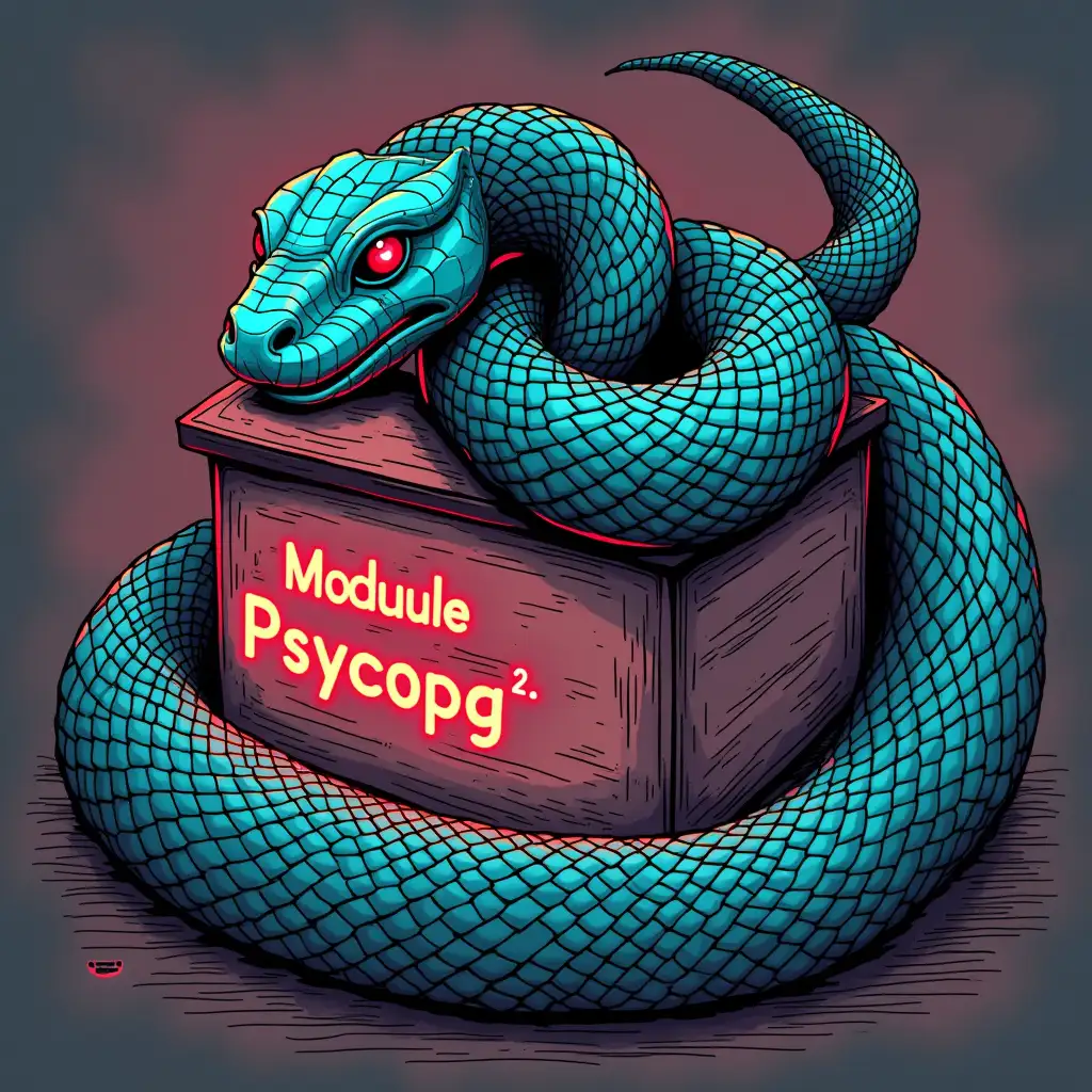 draw a python that is coiling around a box with data. the box should have 'Module Psycopg2' written on it. the image should be colored and in cyberpunk style