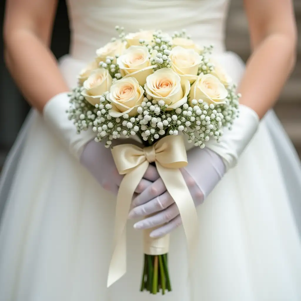 Closeup-of-Bride-Holding-Pale-Rose-Bouquet-with-Satin-Gloves-and-Cream-Bow