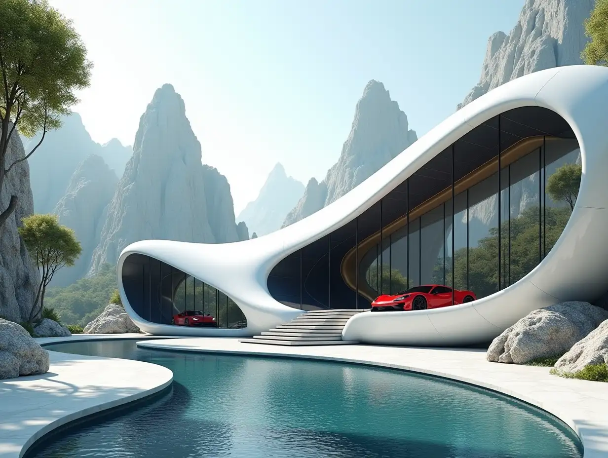 Create a high-resolution realistic image of a futuristic white building with black and gold, curved pillars, big trees mountains, rocks pool and a futuristic building with a glass panel with red striped cars