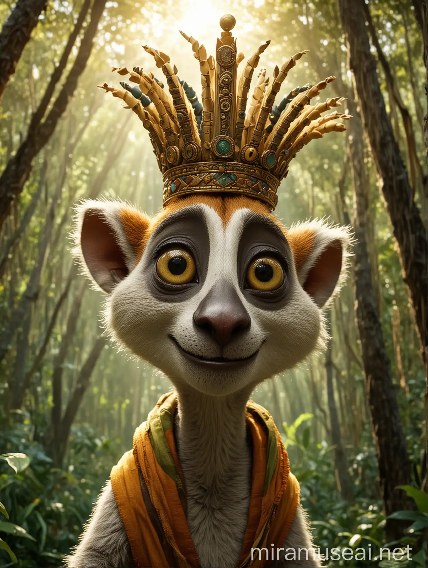 King Julien from Madagascar in Dark Forest with Crown and Staff