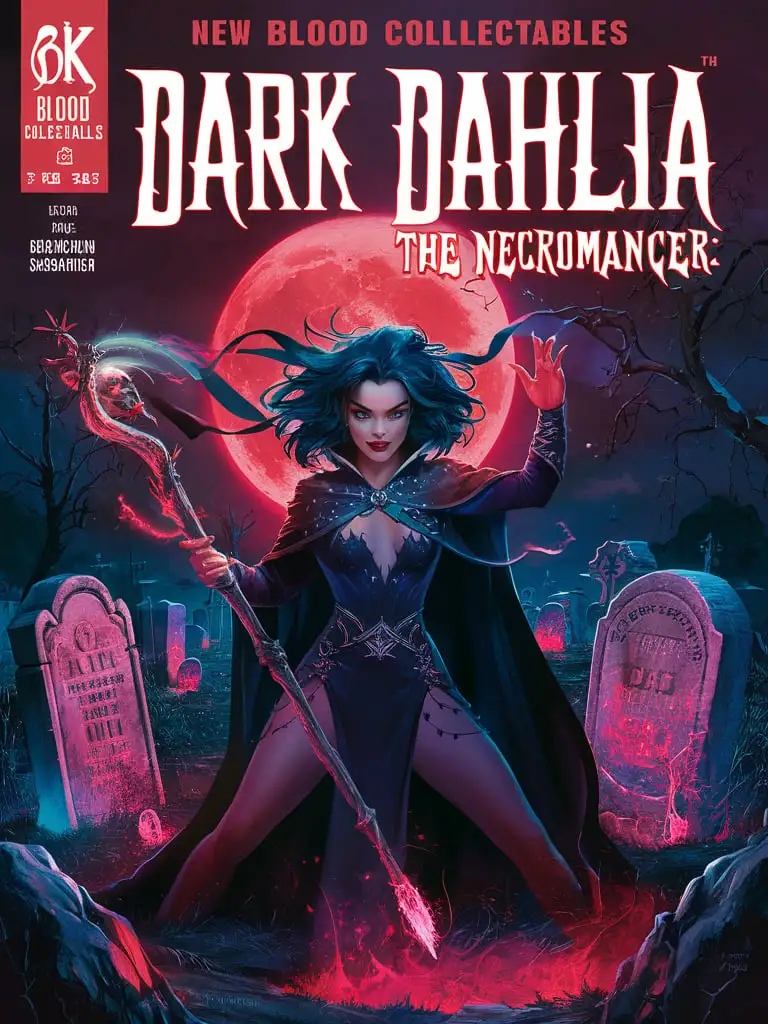  "Design an 8K #1 comic book cover for Title:&quot;New Blood Collectables&quot; featuring sub-title:&quot;Dark Dahlia,&quot; the Necromancer. Use FSC-certified uncoated matte paper, 80 lb (120 gsm), with a slightly textured surface."