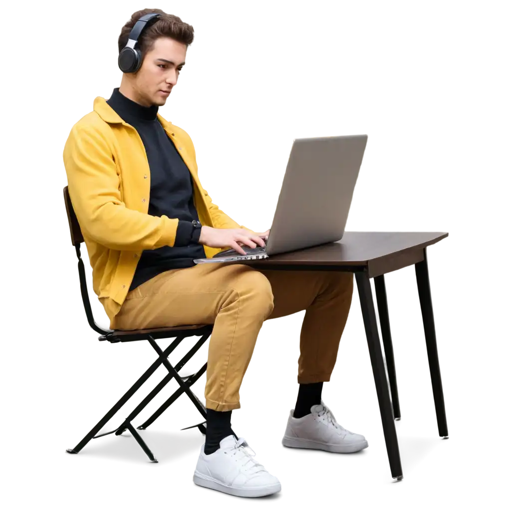 Professional-Guy-PNG-Image-Working-on-Computer-with-Headphones-and-Yellow-Coffee-Mug