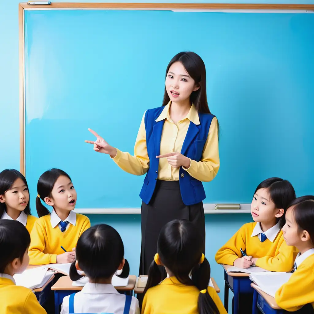 Asian-Teacher-Explains-Lesson-in-Classroom-with-Blue-Background