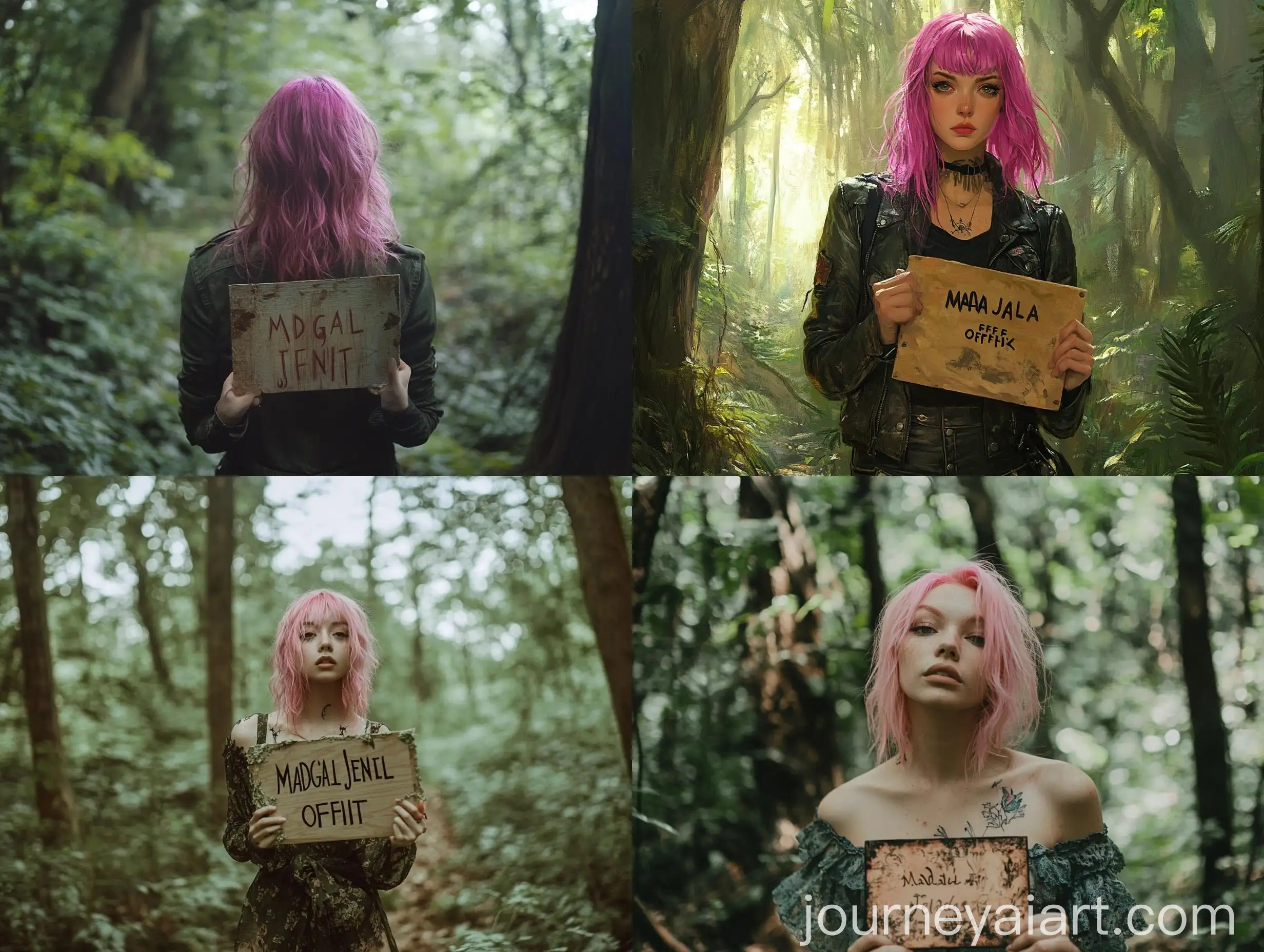 PinkHaired-Woman-Holding-Madgal-Jendas-Offwhite-Sign-in-Forest