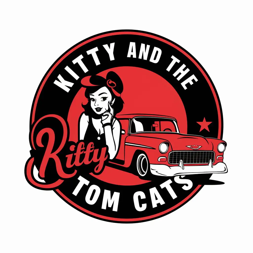 LOGO Design for Kitty and the Tom Cats Red and Black Circular Logo with Rockabilly and Hotrod Theme