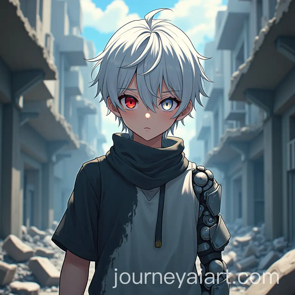 Anime-Boy-with-White-Hair-and-Bionic-Arm-in-Ruined-City